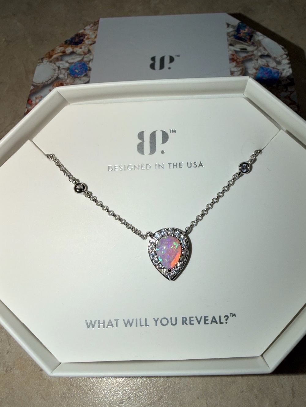 BP RETRO October Necklace-Gorgeous Statement Peach Fire Opal on Rhodium